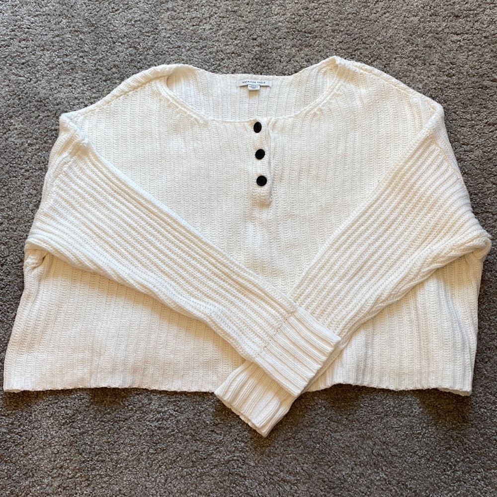 American Eagle White sweater with black button detailing